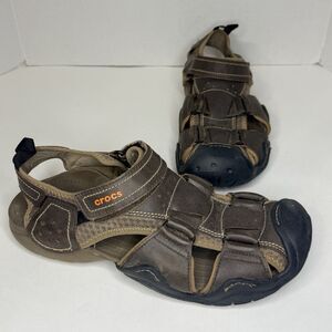 Crocs Swiftwater Mens Size 11 M13 Brown Leather Outdoor Fisherman Sandals 204562